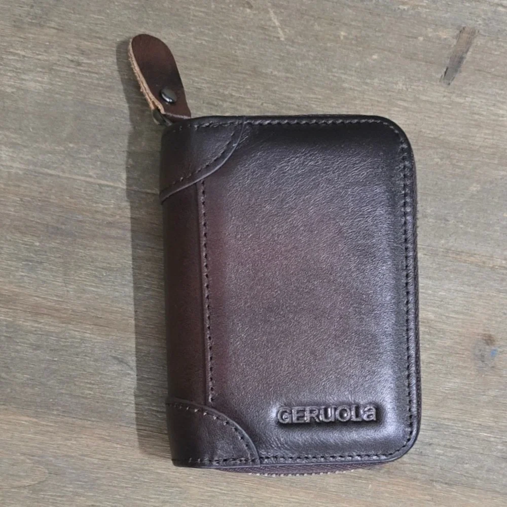 Geruola‎ Brown Leather Accordion Zip 20+ Credit Card Holder mini wallet KOREA